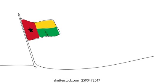 Simple one-line illustration of the Guinea-Bissau flag on a flagpole. The red, yellow, and green flag features a black star symbolizing unity.  
