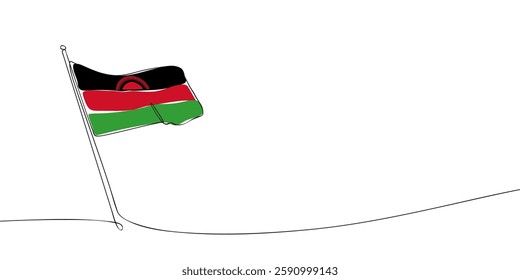 Simple one-line illustration of the Malawi flag on a flagpole. The flag features black, red, and green stripes with a rising sun emblem.  
