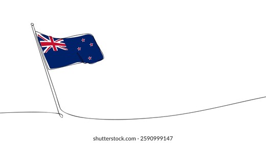 Simple one-line illustration of the New Zealand flag on a flagpole. The flag features a blue background with the Union Jack and red stars.  
