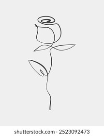 Einfache einzeilige Darstellung einer Rose, die minimalistische Kunst mit glatten, durchgehenden Strichen und einer modernen Ästhetik zeigt.