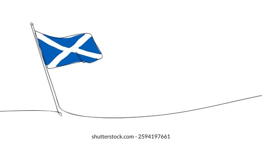 Simple one-line illustration of the Scotland flag, known as the Saltire or St. Andrew's Cross, waving on a flagpole.  
