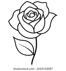 Simple One-Line Rose Sketch with Leaves – Elegant Floral Art on White Background