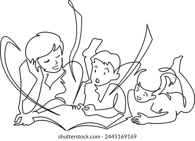 A simple one-stroke illustration of a picture book being read aloud.