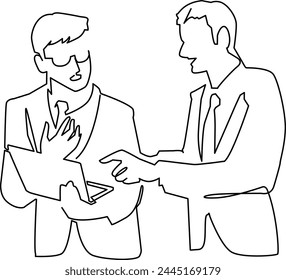 A simple one-stroke illustration of two office workers having a discussion.