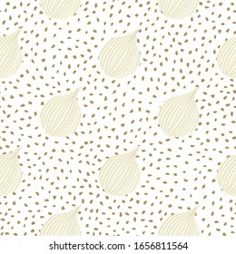 Simple onion seamless pattern on dots background. Onion bulb vegetable wallpaper.  Organic texture. Design for fabric, textile print, wrapping paper, kitchen textiles. Vector illustration