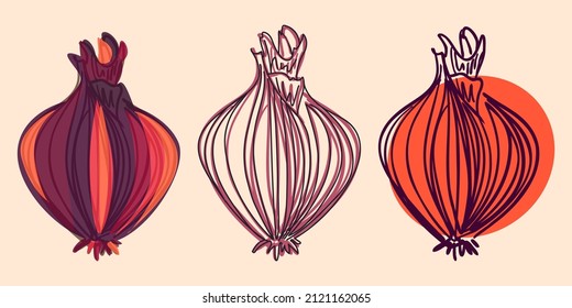 Simple onion vector set. Stylish purple and orange, red onion illustration on the light pink background. Veggie hand drawing. Autumn harvest colors. Harvest vegetables. Healthy products.