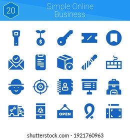 simple online business icon set. 20 filled icons on theme simple online business. collection of Coupon, Phone book, Email, Growth, Keyboard, Bag, Agenda, Graphic tablet, Mobile