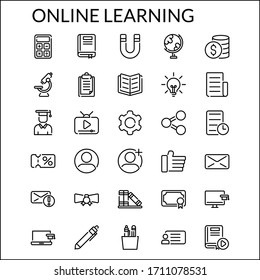 Simple Online Learning Line Style Contain Such Icon as Calculator, Magnet, Globe, Microscope, Student, Idea, Letter, Like, Share, Graduation, Presentation, Library and more. 64 x 64 Pixel Perfect