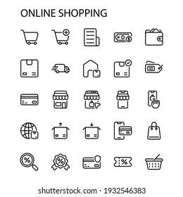 Simple Online Shopping Icon Set Line Style Contain Such Icon as Discount, Payment, E-Commerce, Wallet, Trolley, Courier, Unboxing, Packaging, Grocery, Mobile Banking and more. 64 x 64 Pixel Perfect