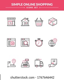 Juego simple de iconos vectoriales de compra en línea, con doble color y sombra, Diseño lineal nuevo y de moda. concepto de icono de vector moderno para gráficos web