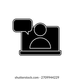 Icono de entrenamiento en línea simple que muestra una computadora portátil con burbujas de chat, que representa el aprendizaje digital y la comunicación interactiva