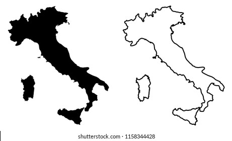 Simple (only sharp corners) map of Italian Republic vector drawing. Mercator projection. Filled and outline version.