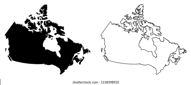 Simple (only Sharp Corners) Map Of Canada Vector Drawing. Mercator Projection. Filled And Outline Version.