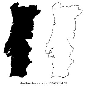 Simple (only sharp corners) map of Portugal vector drawing. Mercator projection. Filled and outline version.