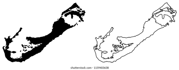 Simple (only sharp corners) map of Bermuda vector drawing. Mercator projection. Filled and outline version.