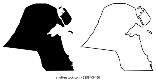 Simple (only sharp corners) map - State of Kuwait vector drawing. Mercator projection. Filled and outline version.