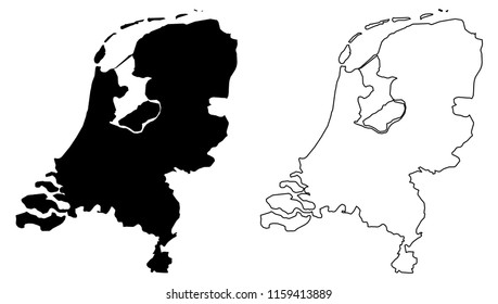 Simple (only sharp corners) map of Netherlands vector drawing. Mercator projection. Filled and outline version.