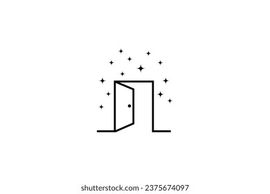 Simple open door logo with decorated stars in line art design style