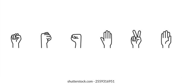 Simple open hand gesture linear icons set. Clenching fist gesture, peace and love. Hand icon set. Contains hand gestures vector icons in line form isolated on transparent background. Editable stroke.