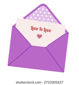 Sobre simple abierto púrpura con carta de amor romántico. El amor es el texto de amor con el corazón brillante. Genial para el día de San Valentín y mensajes románticos.