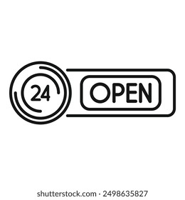 Simple open sign with a 24 hours icon, indicating a business that is open all day and night