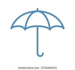 Icono de paraguas abierto simple con mango curvo, sombrilla para protección contra la lluvia, símbolo de Clima lluvioso, mínimo contorneado aislado sobre fondo blanco Ilustración vectorial plana.
