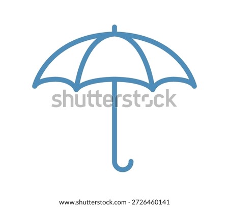 Simple open umbrella icon with curved handle, parasol for rain protection, rainy weather symbol, minimal contoured isolated on white background flat vector illustration.