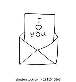 Simple opened envelope with letter inside and text I love you. Doodle style. Outline. Vector