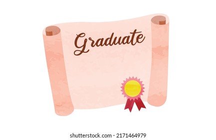 Simple opened graduation diploma with award ribbon clipart. Graduation diploma watercolor style vector illustration isolated on white background. Graduate degree cartoon hand drawn. Graduation concept
