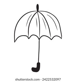 Simple opened straight poe umbrella drawing in black isolated on white background. Rain protection, concept of contraception, sun burns. Hand drawn vector sketch doodle illustration vintage engraved