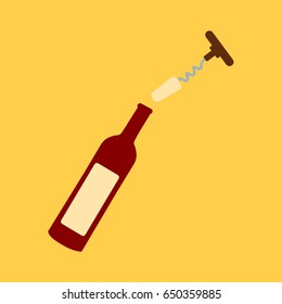 Simple Opener Vector Wine Uncork & Opened Bottle Of Wine Isolated Clean . Open Wine Bottle. Cartoon Flat Design Style Red Or Wine Bottle Modern. 