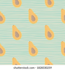 Los aguacates de color anaranjado sencillo forman un patrón impecable. Fondo azul claro despojado. Fondo natural de comida vegana. Diseñado para papel pintado, textil, papel envolvente, impresión de tela. Ilustración vectorial.