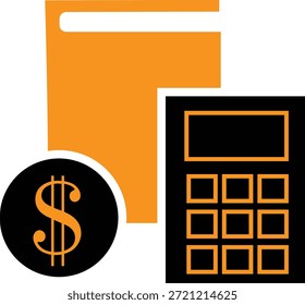 Icono gráfico naranja y negro simple que representa los cálculos de contabilidad financiera y las transacciones monetarias claramente ilustradas.