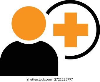 Ícone simples em laranja e preto representando um novo conceito de adição de perfil de usuário ou contato de assistência médica