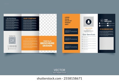 Simple orange black trifold brochure. Construction company profile template