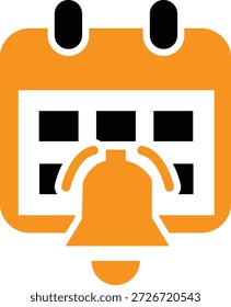 Ícone de calendário laranja simples com um sino de notificação proeminente que significa eventos e lembretes agendados importantes