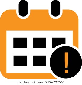 Icono de calendario naranja simple con una superposición de notificación de signo de exclamación negro prominente que indica una fecha o un recordatorio importante
