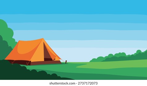Simple orange camping tent is pitched in a lush green meadow surrounded by forest trees under a clear blue horizontal striped sky.