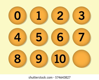 Simple orange circle with numbers 0 to 10 inside. Vector illustration on yellow background