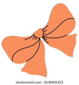 Simple orange color bow, isolated on white background. Flat vector illustrations. Hand drawn ribbon decoration. Silk bow. Hair accessory. Bows for gift wrapping