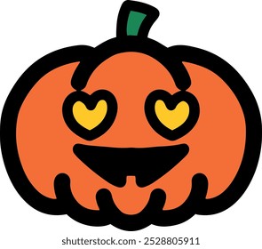 Simple orange cute pumpkin icon. Connecting heart eyes and smiling. Halloween or holywin concept.