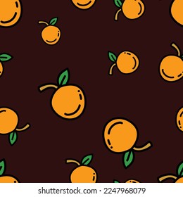 Simple orange fruit illustration in seamless pattern for fabric, cloth, gift paper, or any purpose. Orange seamless pattern in brown background.