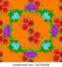 Simple orange, green and red vector poppies seamless pattern.