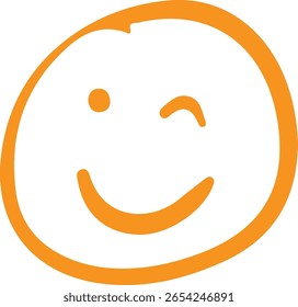 A simple orange hand-drawn winking smiley face on a white background. The style is minimalist and playful with thick lines. The overall mood is cheerful and positive.