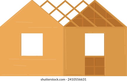 Simple orange house construction with exposed framework and empty windows. New home building process concept vector illustration.