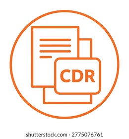 A simple orange icon of documents with CDR file format symbol, representing file types and document management.