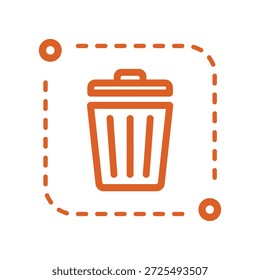 Icono naranja simple que representa un bote de basura con una tapa y un cuadro de contorno discontinuo a su alrededor que indica eliminación o eliminación