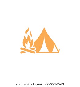 Ein einfaches orangefarbenes Symbol, das ein Zelt neben einem Lagerfeuer zeigt, das das Campen und das Leben im Freien repräsentiert.