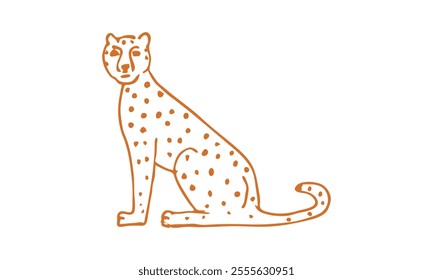 Simple orange line art of a cheetah sitting gracefully, showcasing a modern minimalist style with distinctive spots.