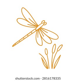 A simple orange line art drawing of a dragonfly hovering above small reeds or cattails on a white background